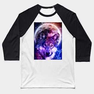 Mystical Wolf Face in Front of the Moon and galaxy Baseball T-Shirt